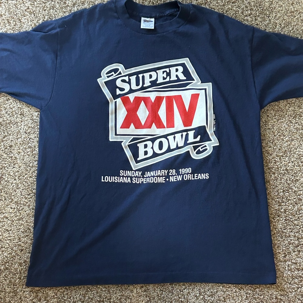 Vintage Super Bowl XXIV Men's 49ers Broncos Blue Short Sleeve Shirt Size L